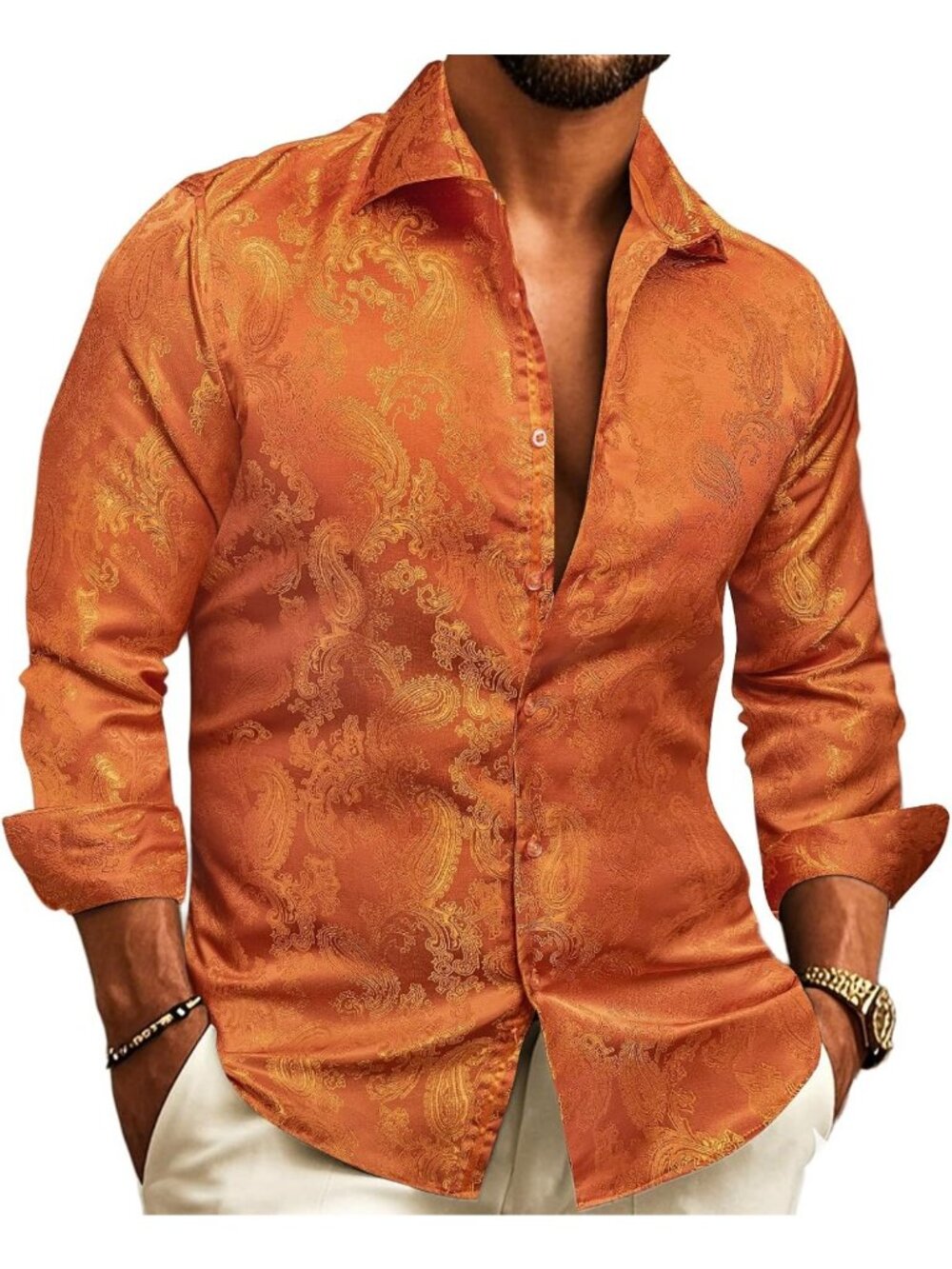 Men's Casual Long Sleeve Silk Button-Up Shirt - Elegant Paisley Dress Top